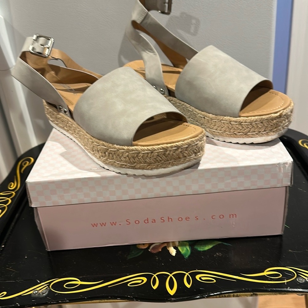 Gently Worn Light Gray Open Toe Wedge Espadrille by Soda